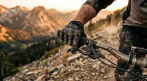 Rider de MTB descendiendo por terreno rocoso con total estabilidad y agarre del manubrio