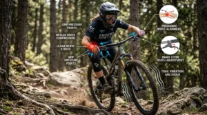 Rider de MTB descendiendo por terreno rocoso con total estabilidad y agarre del manubrio