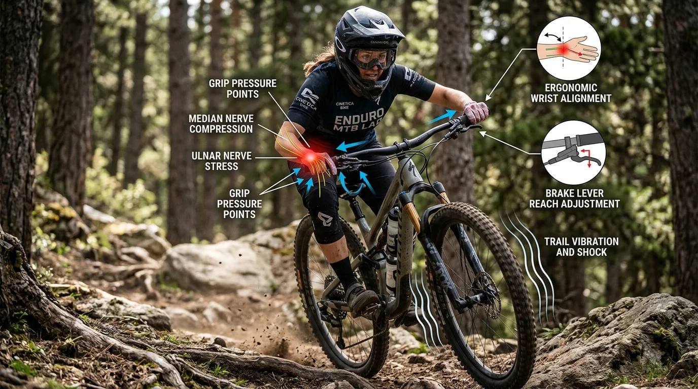 Rider de MTB descendiendo por terreno rocoso con total estabilidad y agarre del manubrio