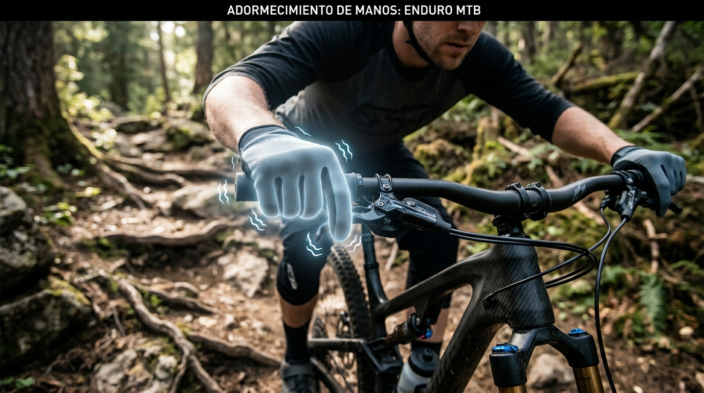 Rider de MTB descendiendo por terreno rocoso con total estabilidad y agarre del manubrio