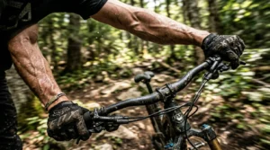 Rider de MTB descendiendo por terreno rocoso con total estabilidad y agarre del manubrio