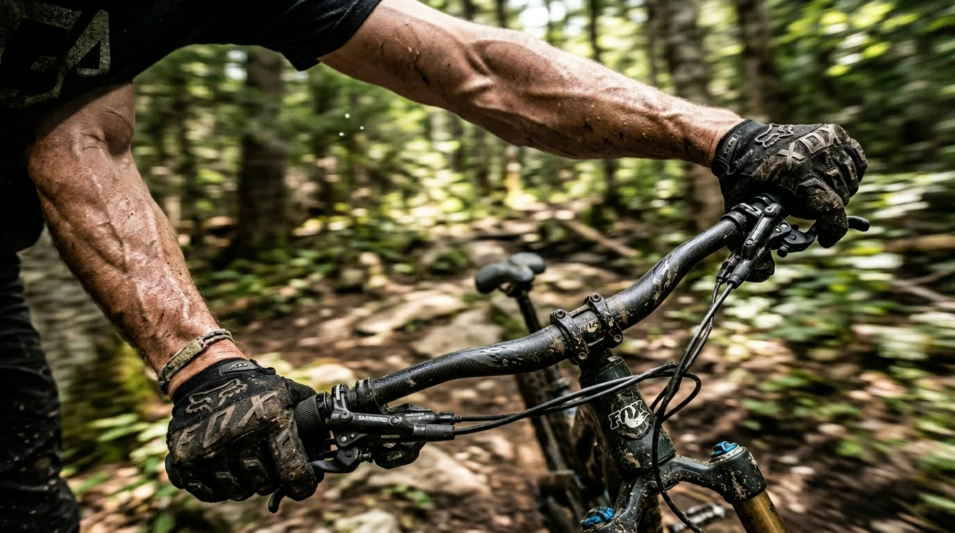 Rider de MTB descendiendo por terreno rocoso con total estabilidad y agarre del manubrio