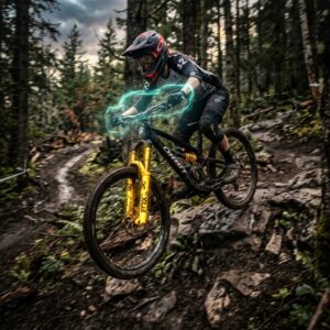 Rider de Enduro compitiendo en zona técnica de rocas con estabilidad de dirección - Cinética Bike