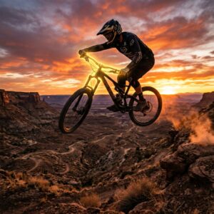 Rider de Freeride volando sobre un cañón de tierra roja al atardecer - Cinética Bike
