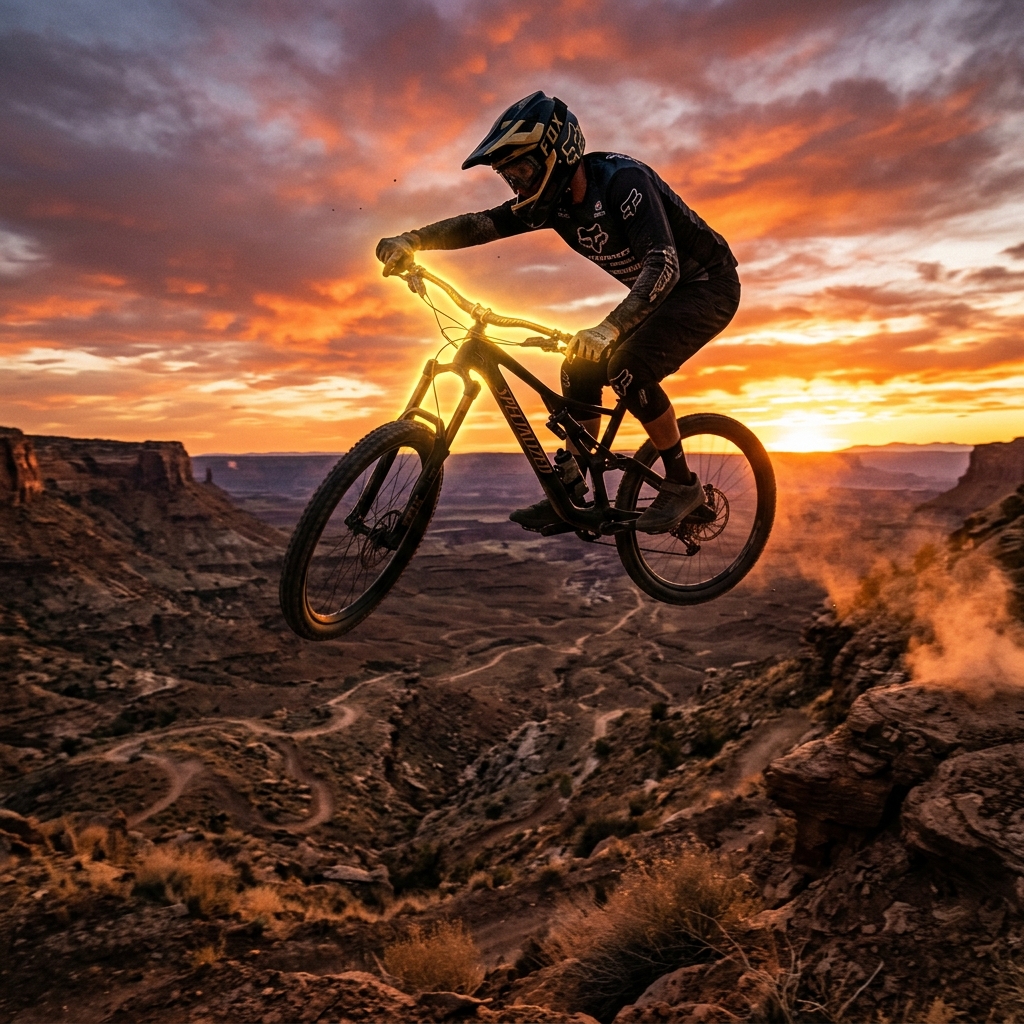 Rider de Freeride volando sobre un cañón de tierra roja al atardecer - Cinética Bike